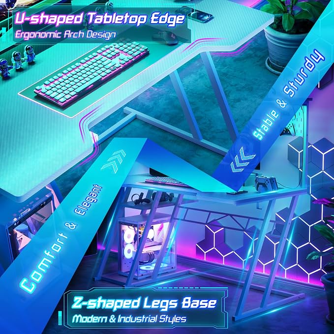 Armocity 53'' White Gaming Desk with Hutch and LED Lights, Gaming Computer Desk with Storage Shelves & Z-Shaped Legs, Reversible PC Game Desk with Pegboard for Bedroom, Carbon Fiber Surface - Image 6