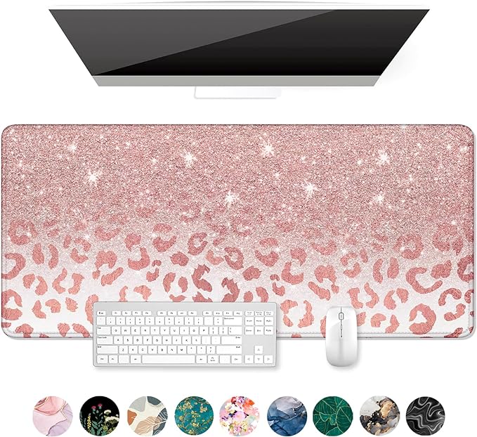 Auhoahsil Large Mouse Pad, XXL Desk Pad, Extened 35" x 15", Non-Slip Rubber Base, Stitched Edges, Superior Surface, Waterproof Keyboard Mat, Large Mousepad for Gamer, Office & Home, Pink Gold Leopard by Auhoahsil