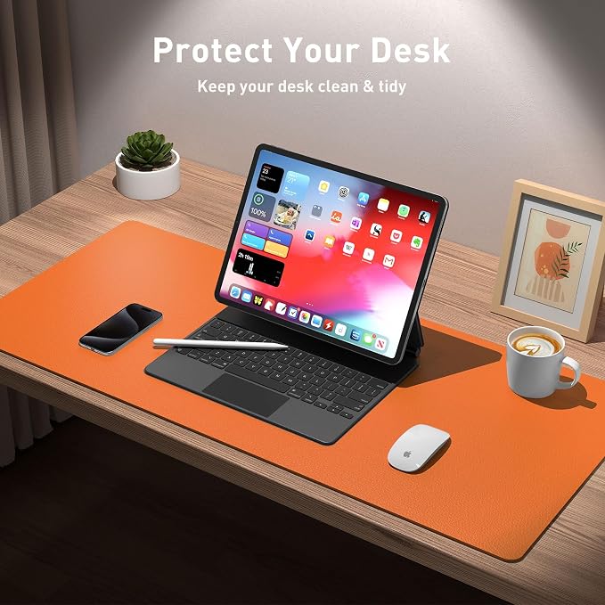 Aothia Leather Desk Pad Protector, Mouse Pad, Office Desk Mat, Non-Slip PU Leather Desk Blotter, Laptop Desk Pad, Waterproof Desk Writing Pad for Office and Home (23.6" x 13.7", Hermes Orange) - Image 3