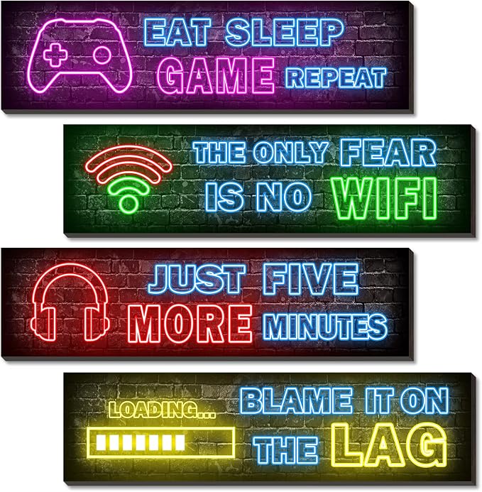 4 Pcs Printed Neon Gaming Posters, Teen Boys Room Decorations, gamer wall art Decor for bedroom Wooden by Simimi+art