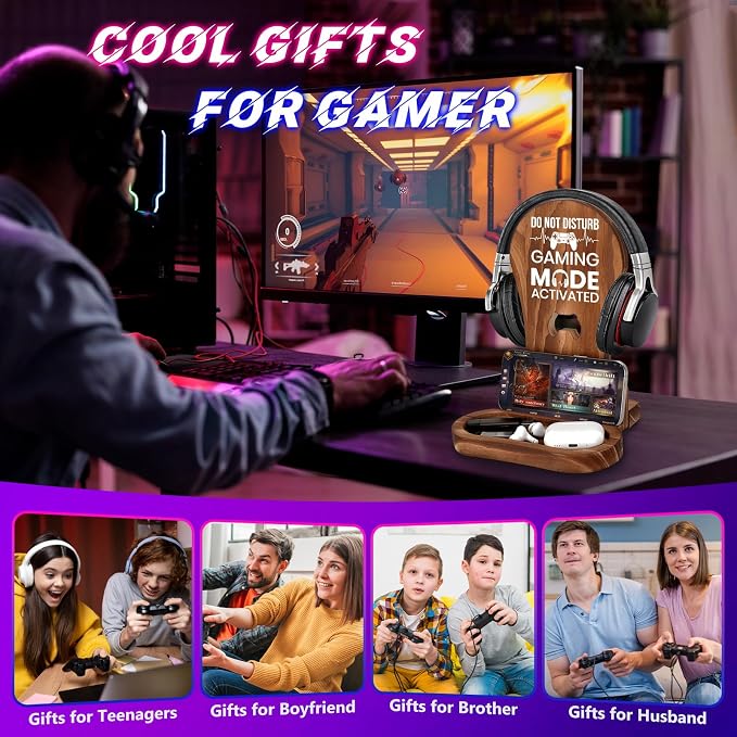 Gamer Gifts for Gamer Lovers Teenage Boys Men - Gaming Headphone Stand | Christmas Gaming Room Decor Wooden Headset Holder, Son Boyfriend Husband Gamer Gifts -Don't Disturb Gaming Mode Activated - Image 6