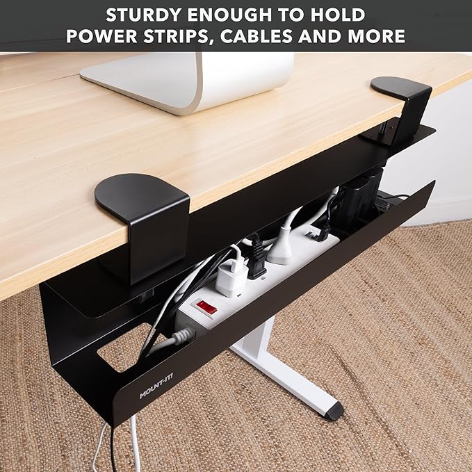 Mount-It! Under Desk Cable Management Tray – Clamp-On No-Drill Metal Cable Management Tray for Desk & Standing Desk, Wire & Cord Organizer for Power Strips, Glass Desks – 23.6” Black - Image 3