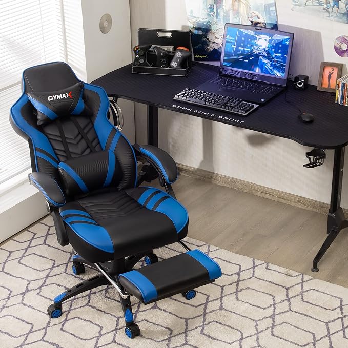GYMAX Gaming Chair, Ergonomic Computer Chair with Footrest, Linkage Armrests & Lumbar Cushion, Big Wide High Back Video Gaming Chair, Reclining Office Rolling Chair for Adult/Teens (Blue) - Image 2