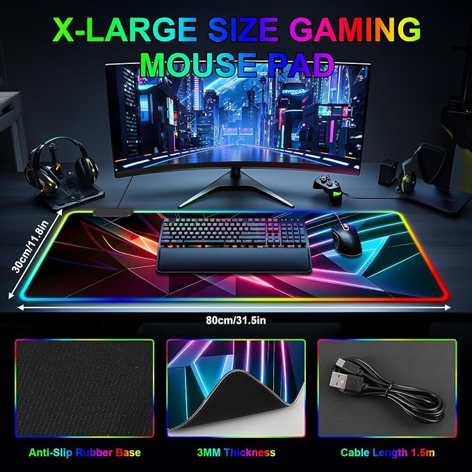 Mouse Pad 31.5 X 11.8 Inches RGB Mouse Mat with 13 Light Modes | Touch Control, Large Gaming Mousepad with Non-Slip Rubber Base for Office & Game, Model-I - Image 3