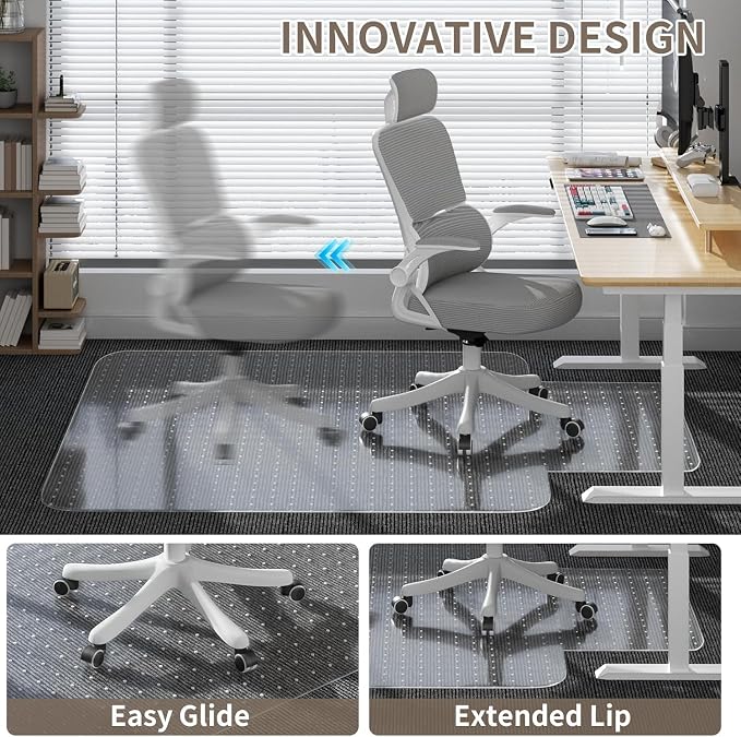 Office Chair Mat for Low Pile Carpet, 36"x48" Clear Smooth Glide with Lip | Non-Slip Studded Backing, Smooth Glide,Heavy-Duty Clear Plastic, Extended Lip –Carpet Protector for Office, Desk, Gaming - Image 3