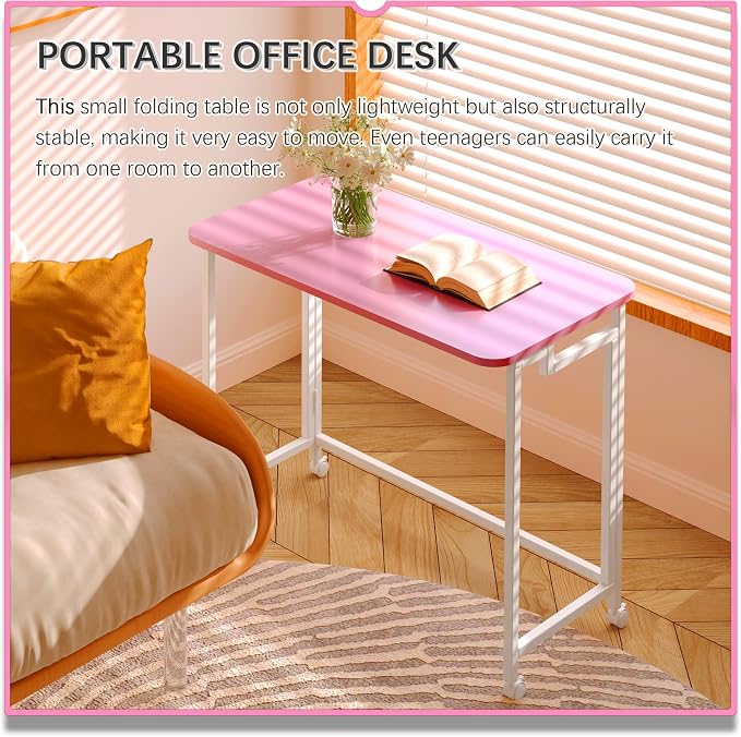 4NM 27.5" Mobile Small Rolling Computer Desk, Folding Laptop Cart Table with Wheels, Portable Office Desk for Small Space Couch Bed - Pink and White - Image 4