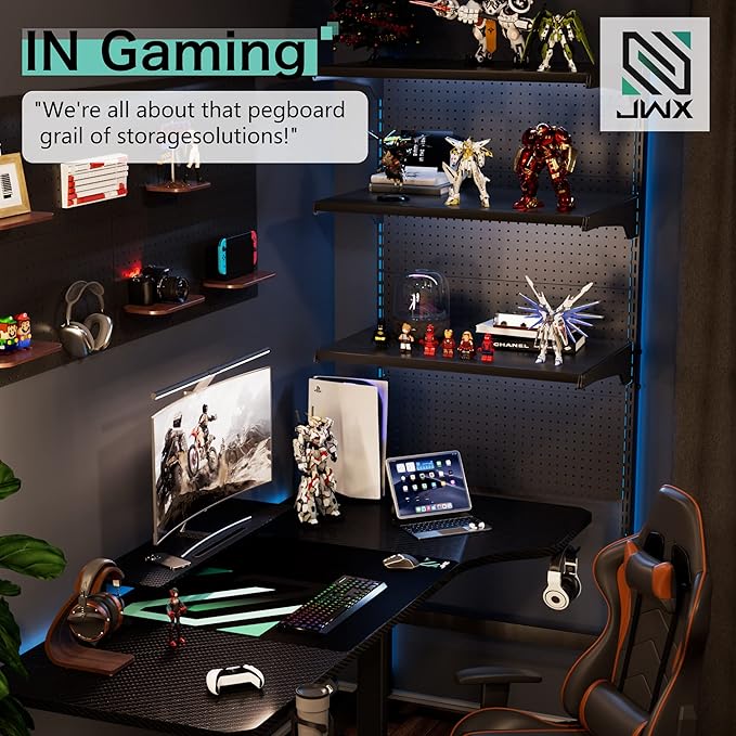 JWX DDB Freestanding Pegboard Shelf, 210 lb Capacity, 30 x 74 Inch, Black | Powder-coated metal with 3 adjustable shelves, 70 lb each, and 15 accessories for gaming setups, home offices and garages - Image 6