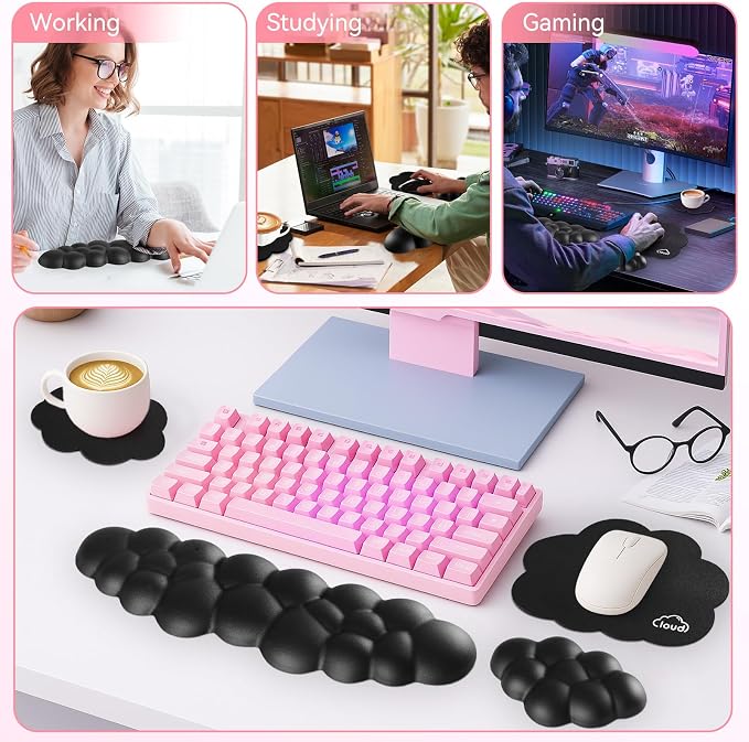 Sushret Cloud Wrist Rest for Computer Keyboard and Mouse Pad Set, Black | Memory Foam, Leather, 4-in-1 Cloud Keyboard Wrist Rest Set with Ergonomic Support for Arm and Palm Cushion, Gaming/Work Setup - Image 6