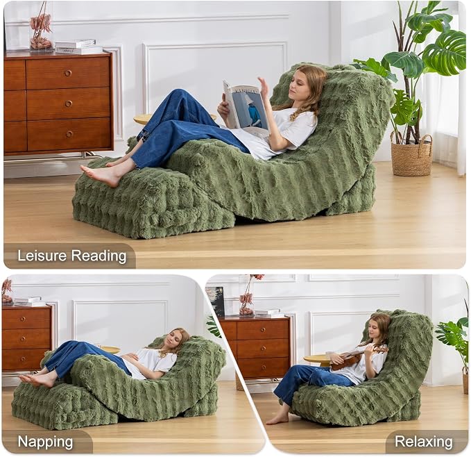 3-in-1 Adjustable Zero Gravity Floor Chair, Oversized Faux Fur Boneless Chair for Adults with Memory Foam & Washable Cover, Silent Rocker Recliner Lounge Chair for Reading, Nursing, Gaming, Green | Zero Gravity Comfort as a Rocker, Chaise Lounger or Fl... - Image 6