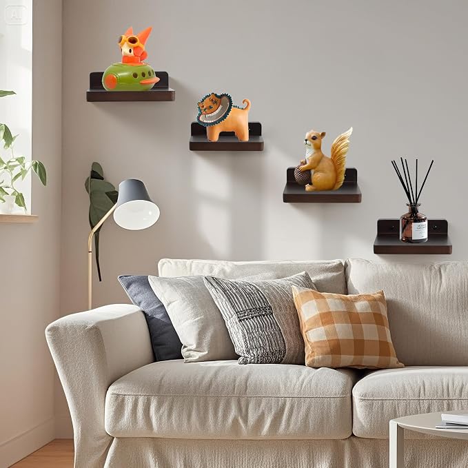 Small Floating Shelf for Wall,5 Inch Wooden Wall Shelf Set of 2,Mini Speaker, Baby Monitor,Cameras，Figurines Display Stand, for Bedroom, Gaming Room, Living Room, Bathroom, Office(Walnut) - Image 2