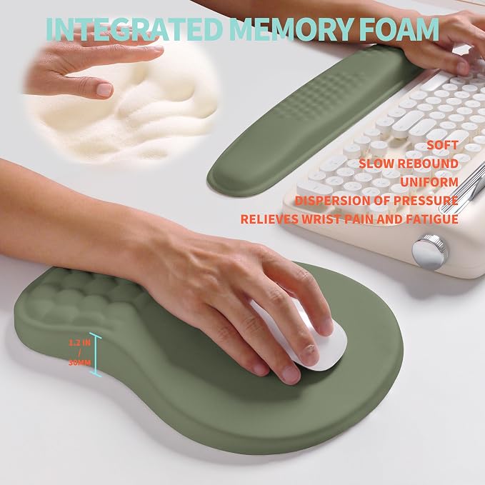 2-in-1 Ergonomic Set, Wave Rise Keyboard Wrist Rest and Massage Bulge Slope Mouse Pad Wrist Support, Cushion Memory Foam Integrated to Relieve Wrist Pain, Olive Green - Image 4