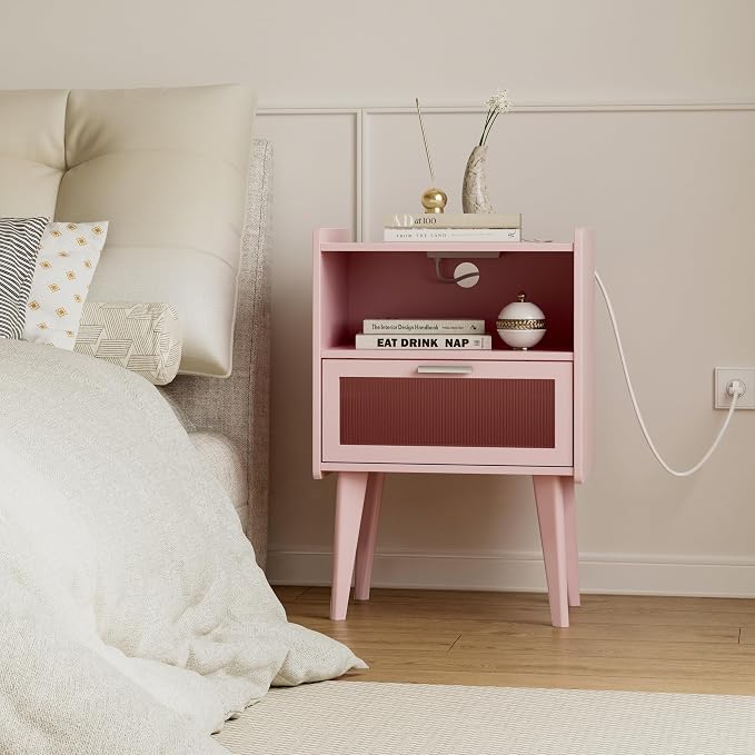 MMEOLUOOK Nightstand with Charging Station, Bedside Tables Pink End Table Side Table with 2 Tiers Storage Space, for Bedroom Living Room MLBZ07PE - Image 6