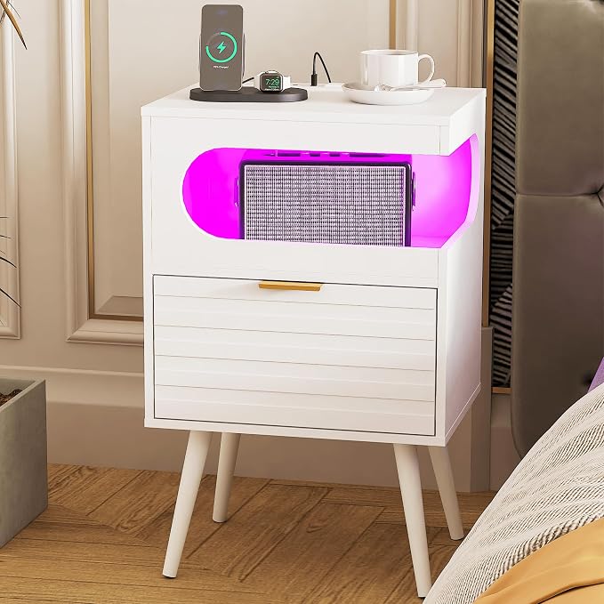 Veegle Nightstand,Modern Bedside Table with Storage Drawer and Open Wood Shelf, Accent Night Stand with Solid Wood Legs for Living Room, Bedroom and Small Spaces,Easy Assembly (White-1) - Image 7