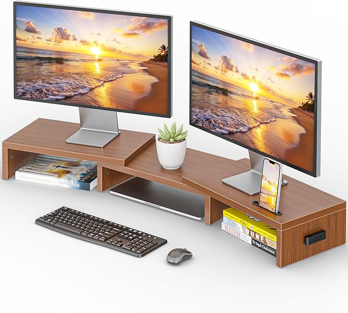 BONTEC Dual Monitor Stand Riser, Adjustable Length & Swivel Angle, Walnut | Ergonomic Wooden Desktop Organizer with Smartphone Holder, Computer Monitor Stand for PC, Laptop,Printer and Large Storage by BONTEC