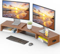 BONTEC Dual Monitor Stand Riser, Adjustable Length & Swivel Angle, Walnut | Ergonomic Wooden Desktop Organizer with Smartphone Holder, Computer Monitor Stand for PC, Laptop,Printer and Large Storage by BONTEC