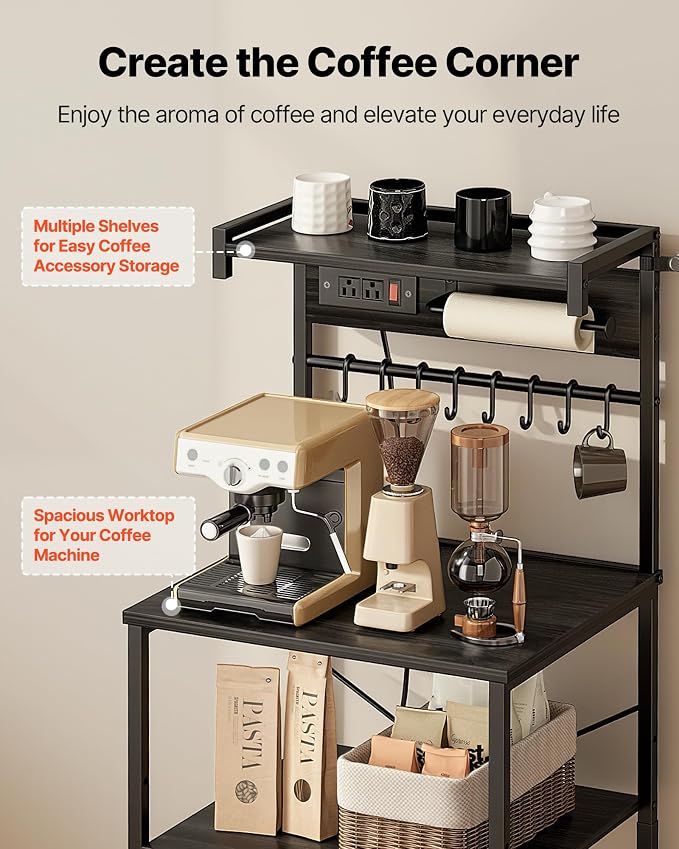 VEVOR Kitchen Bakers Rack with Power Outlets, 23.6 x 15.7 x 55.1 Inch Microwave Stand with Built-in Power Strip & 4.6 Ft Cord, 8 S-Shaped Hooks, for Dish Storage, Spice Jars, Coffee Bar Organization - Image 5