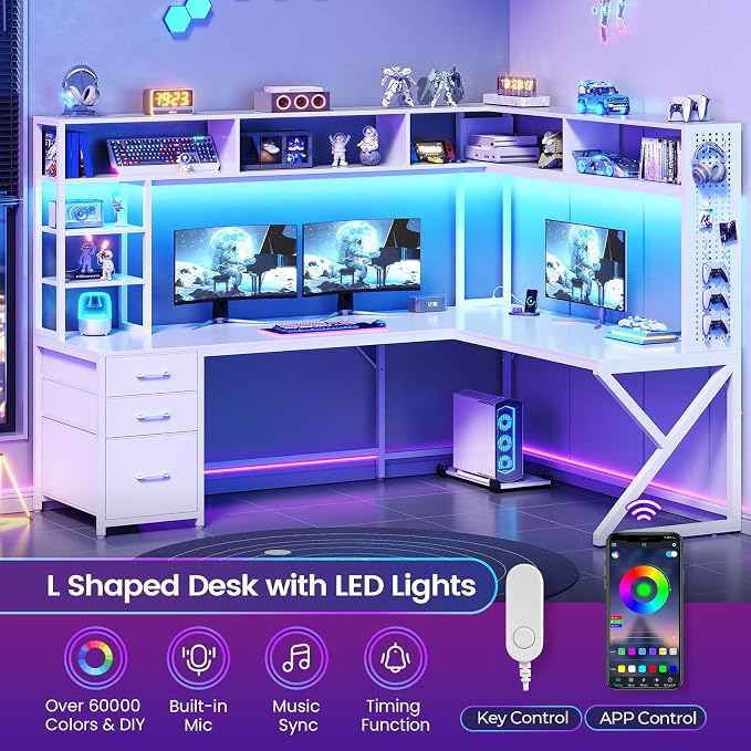 SEDETA Corner Gaming Computer Desk with Storage Drawers, Hutch, LED Lights | Convertible 94.5" Home Office Desk with Power Outlet, Pegboard, Large Desktop, Two Person Desk, White - Image 4