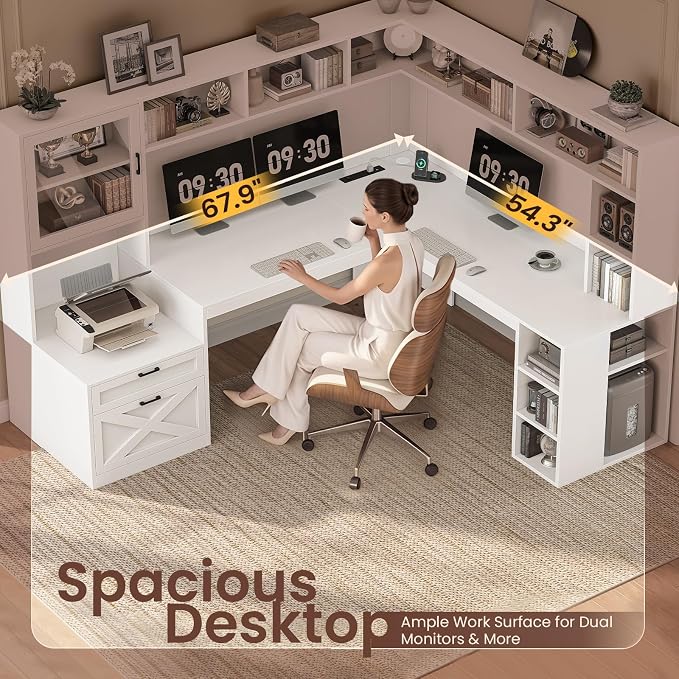 SEDETA Farmhouse L Shaped Office Desk with Double Hutch, Storage Drawers - Image 5