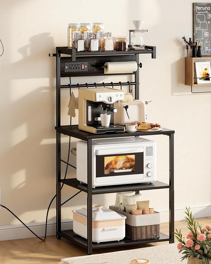 VEVOR Kitchen Bakers Rack with Power Outlets, 23.6 x 15.7 x 55.1 Inch Microwave Stand with Built-in Power Strip & 4.6 Ft Cord, 8 S-Shaped Hooks, for Dish Storage, Spice Jars, Coffee Bar Organization - Image 2