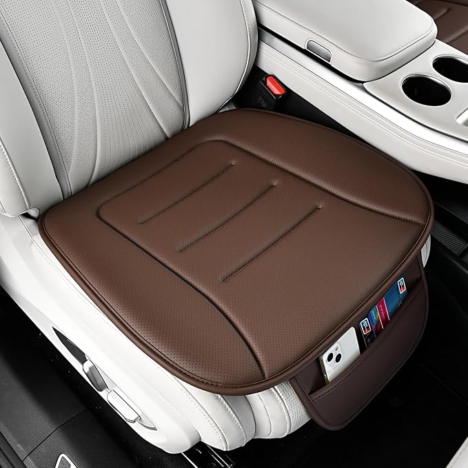 KAYI Car Seat Cushion, Comfort Memory Foam Car Cushions for Driving, Breathable Leather Surface with Anti Slip Rubber Bottom, Seat Cushion for Car and Office Chair (2 Pack, Brown) by KAYI