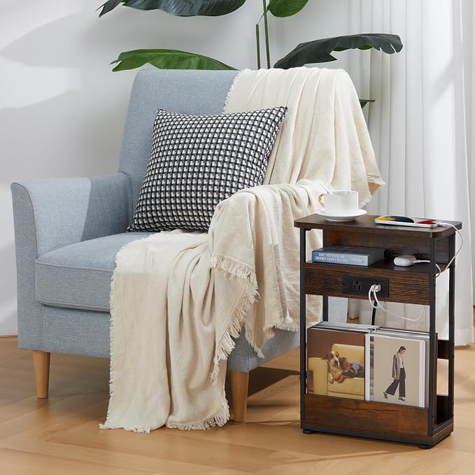 Narrow Side Table With Charging Station, 3-Tier End Table with 2 USB Ports & Power Outlets,Thin Sofa Side Table for Narrow and Small Spaces, Bedside Table Nightstand for Living Room,Rustic Brown - Image 2
