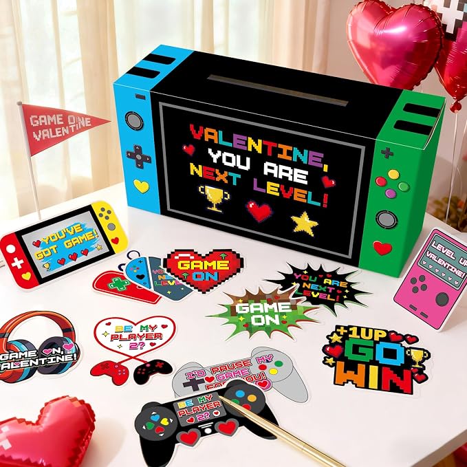 Valentines Mailbox Craft with 48pcs Video Game Valentines Greeting Cards Blue Green Handheld Gaming Console Valentine's Day Card Box Exchange Gifts Party Favor - Image 4