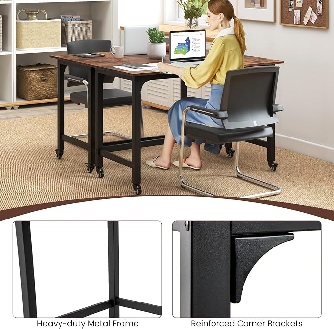 COSTWAY 48” Mobile Computer Desk, Home Office Desk on Wheels, with Reversible Storage Bag & 2 Earphone Hooks, 4 Lockable Wheels, Metal Frame, for Small Space (Black + Rustic Brown) - Image 6