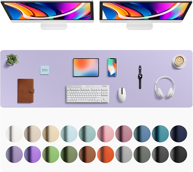 Aothia Faux Leather Desk Mat - Large Mouse Pad, Non-Slip PU Leather Blotter, Waterproof Writing Surface for Office and Home (Lavender, 63" x 17") by AothiaSimpleNaturalUnique