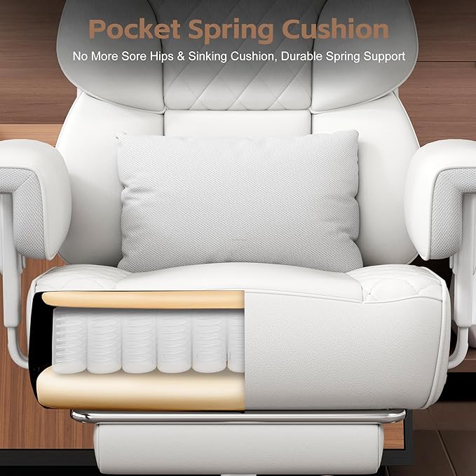 Vonesse Office Chair, Desk Chair with Soft Adjustable Armrests, Ergonomic High Back Gaming Chair with Lumbar Support, Executive Computer Chairs with Footrest (PU Leather,White) - Image 6