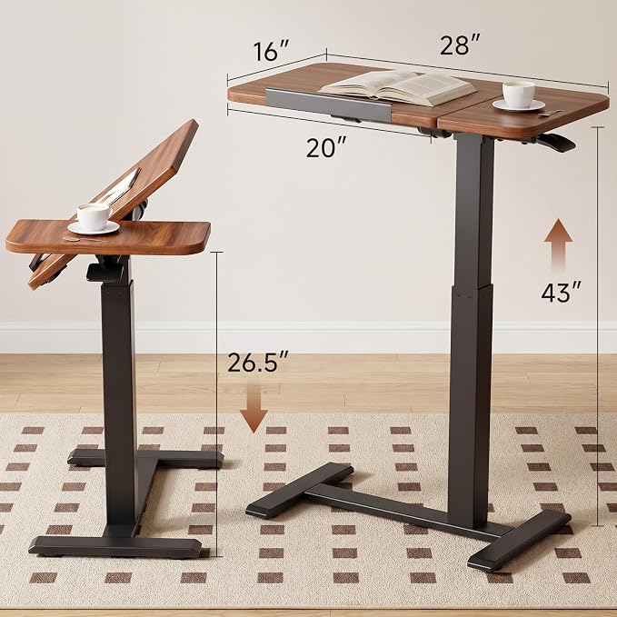 GTPLAYER Pneumatic Adjustable Standing Desk, 28 Inch Tiltable Mobile Rolling Laptop Table with Wheels, Overbed Bedside Table Computer Workstation for Home Office, Walnut - Image 2