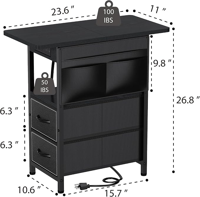 Yenlure Small Side Table with Charging Station, Narrow Nightstand Bedside Tables with Storage Pocket for Living Room Bedroom, Sofa End Table with USB Ports and Power Outlets for Small Spaces - Image 3