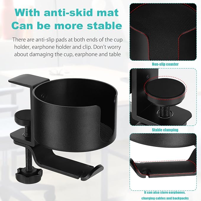 2 in 1 Desk Cup Holder with Headphone Hanger Holder, Anti-Spill Cup Holder-360° Rotation Aluminum Alloy Stand Hook Bearing Capacity 10kg/22lb Suitable for Coffee Mups,Water Cups,Bag,Headphone - Image 2
