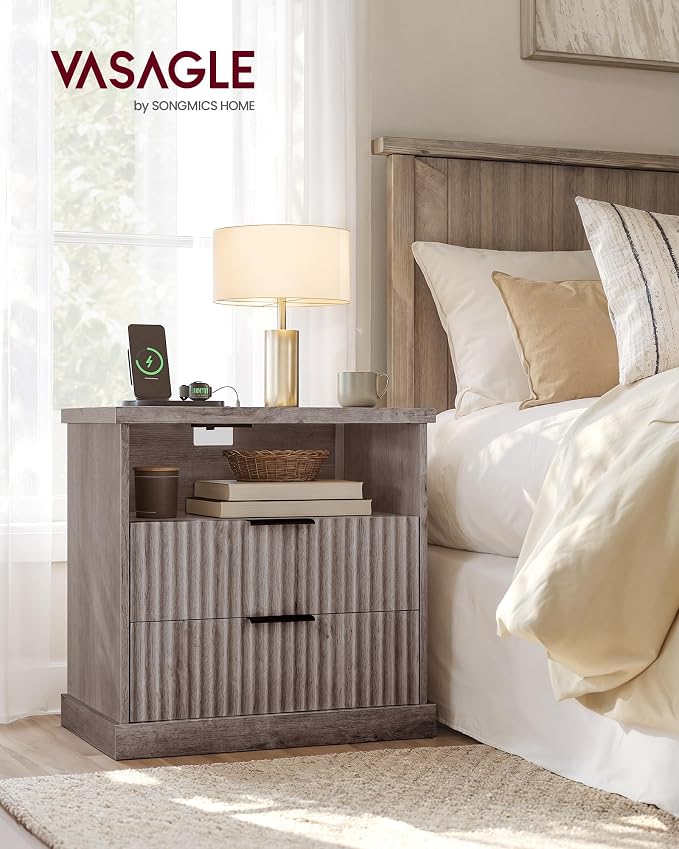 VASAGLE Set of 2 Nightstands with Charging Station, 2 Drawers, Open Shelf - Image 2
