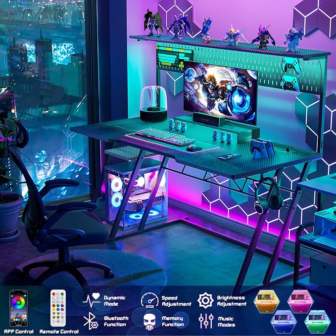 Armocity Gaming Computer Desk with Hutch and LED Lights, 53'' Black Gaming Desk with Storage Shelves, Reversible PC Gamer Desks with Pegboard, Ergonomic Desk for Bedroom, Carbon Fiber Surface - Image 4