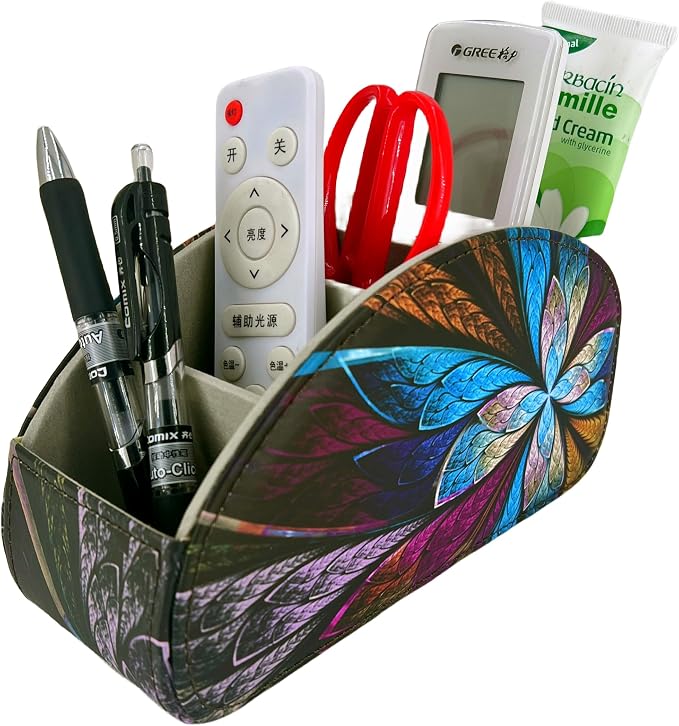 PU Leather Remote Control Holder,Universal TV Remote Organizer with 5 Compartments,Desktop or Bedside Table Organizer for TV,DVD,Blu-Ray,Gaming, and Streaming Remotes,Glasses and Accessories(Pansy) - Image 2