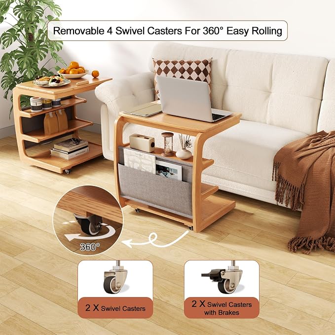 AQIMUELE Rolling Side Table, C Shaped End Table, C Table with 4 Wheels Solid Wood Small Rolling Desk with Adjustable Desktop,C Shaped End Table for Couch,Home Office(15.6" D x 23.6" W x 24.3" H) - Image 3