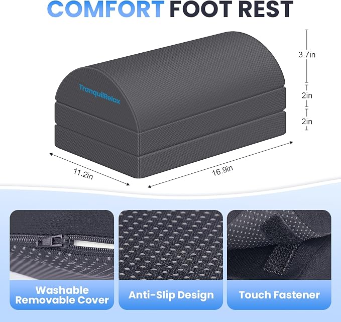TranquilRelax Foot Rest Under Desk, 3-Height Adjustable Foot Stool, Gray | Desk foot rest, ergonomic foot support, machine-washable cover, non-slip bottom, gaming foot rest, office, car - Image 3