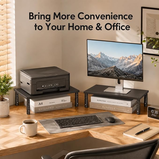 OPNICE Adjustable Monitor Stand Riser for Desk, Wood Computer & Laptop Stand, Desk Organizers and Accessories, Office Desk Accessories & Workspace Organizer for Home Office Supplies, Black 2-Pack - Image 6