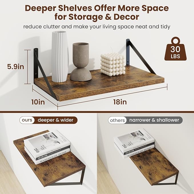 Axeman Deep Floating Shelves, 18'' x 10'' Brown Wall Shelves Set of 2 - Image 3