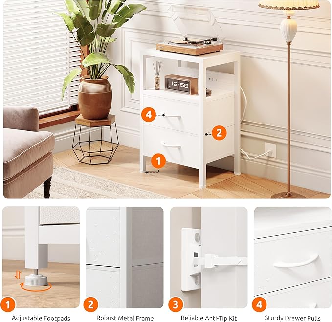 Lazzanto Night Stand with Charger Station for Bedroom, White Nightstand - Image 6