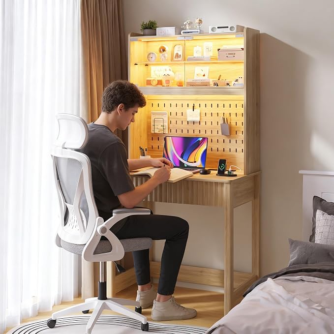 Lvifur LED Writing Desk with Hutch and Pegboard and Power Outlet (Natural) | Compact Study Desk with Display Shelf, 3 Color Lights, Adjustable Brightness, USB/Type-C&2 AC Outlets, Drawer wtih Metal Rail - Image 7