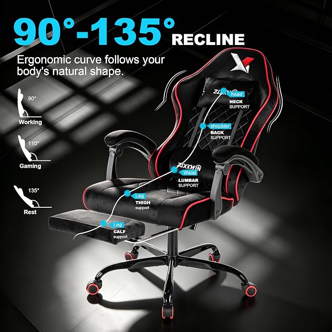 Velvet Gaming Chair, Ergonomic High Back Racing Chair with Footrest, Spring Wide Cushion, Adjustable Headrest & Lumbar Support, 90-135° Recline, 360° Swivel, 300lbs for Home Office, Red - Image 7