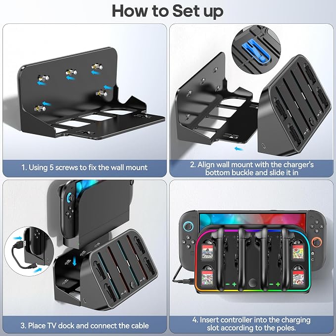 Switch 2 Wall Mount Charging Dock for 2025 Joycon 2, Wall Mount Kit Shelf for Nintendo Switch 2 Accessories, RGB Charger Dock Station with 4 Game Storage Holder for Nintendo Game Console Holder Stand - Image 5