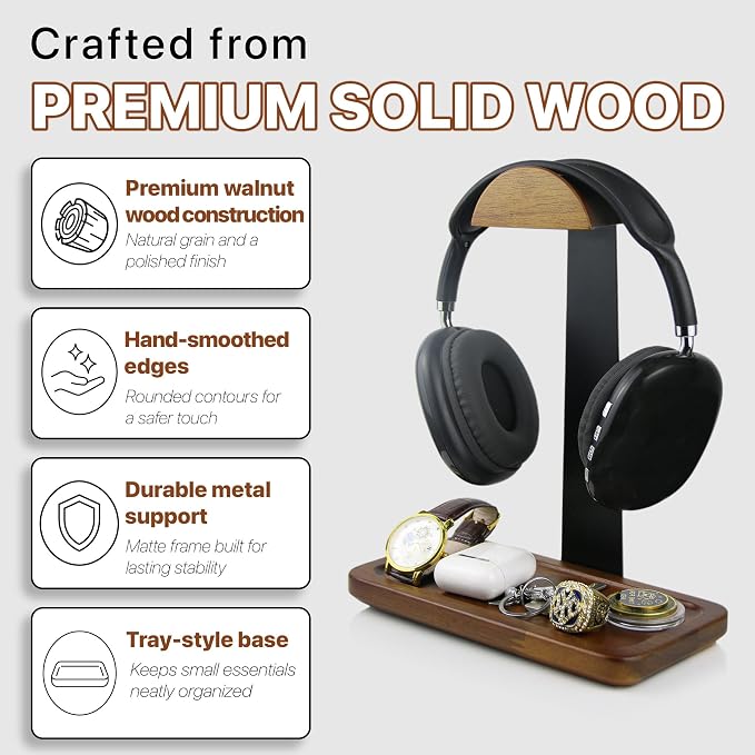 Gift for Men Headphone Stand with Storage Base, Stylish Headset Holder Gamer Gifts for Gaming & Desk to Keep Accessories Organized, Unique Gifts for Teenage Boy Brother on Birthday (Brown Wood) - Image 5