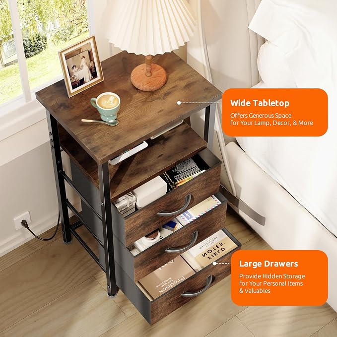 Lazzanto Night Stand with Charger Station, 3 Fabric Drawers, Brown - Image 6