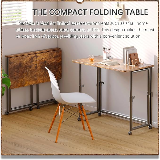4NM No Assembly 31.5" Small Desk, Folding Portable Desk with Wheels, Adjustable Height Foldable Computer Home Office Desks, Collapsible Study Writing Table for Space Saving Bedroom - Rustic Brown - Image 3