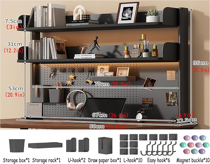 31.5 Inch Clip-on Desktop Organizer Bookshelf with Pegboard, Desk Shelf Organizer, Multipurpose Computer Desk Desktop Bookshelf, Desk Extender Pegboard Clamp, Desktop Display (Black) - Image 3
