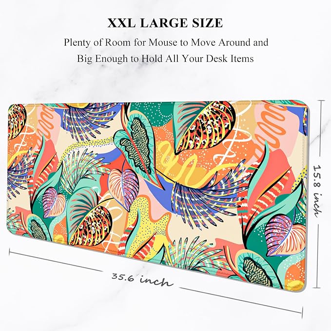 Auhoahsil Desk Mouse Pad, Large Gaming Mousepad, XXL Desk Pad, Extended Long Superior Micro-Weave Cloth Non-Slip Rubber Big Computer Mouse Mat for Gamer, Office & Home, 35" x 15", Tropical Leaves - Image 2