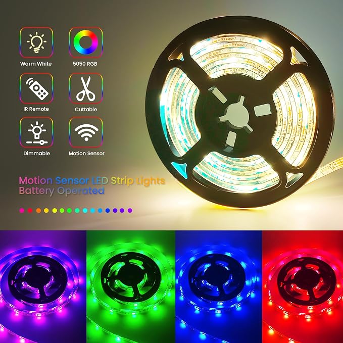 3.3FT Motion Sensor LED Strip Lights with Remote/4Mode, RGB & Warm White Motion Activated LED Strip Lights Dimmable Battery Powered, 16Colors Under Cabinet Lighting for Closet Stairs Home Indoor - Image 2