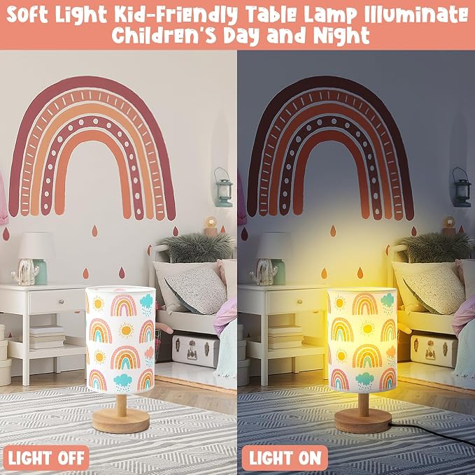 Rainbow Table Lamp for Kids Bedroom - Boho Rainbow Kids Bedside Lamp with Linen Wooden Nightstand Cartoon Nursery Lampshade for Girls Room Decor - Image 7
